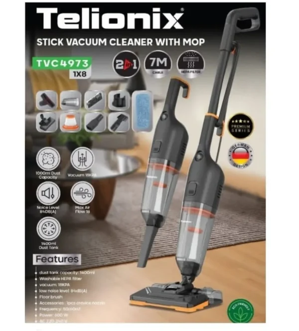 جارو عصایی تلیونیکس مدل TVC4973 – دو کاره (جارو + طی)، توان 600 وات - Image 1